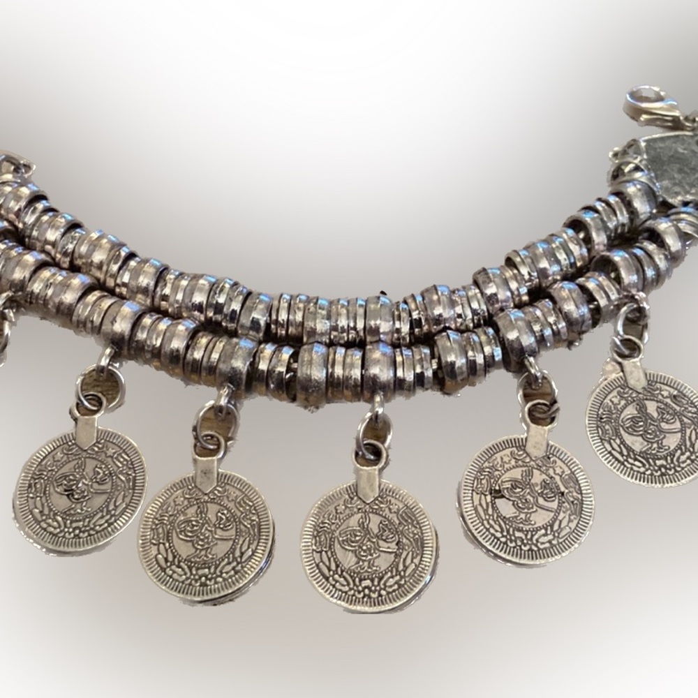 New Boho bracelet or anklet, silver tone bracelet, coin silver pendants, anklet